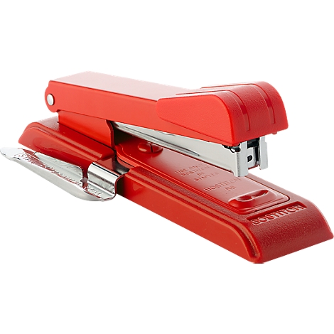Red stapler on white background. Top view, lettering can be seen.