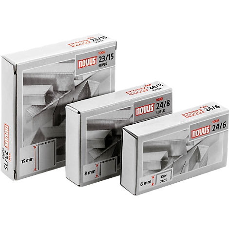 Three different boxes of staples, labeled Novus. The height of the staples is indicated.