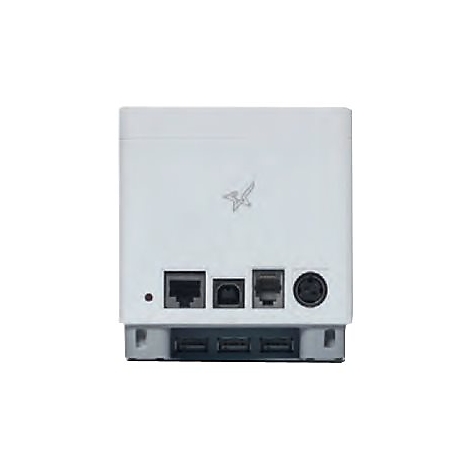 Rückansicht eines weißen, rechteckigen Geräts mit Anschlüssen für LAN, Strom und USB.