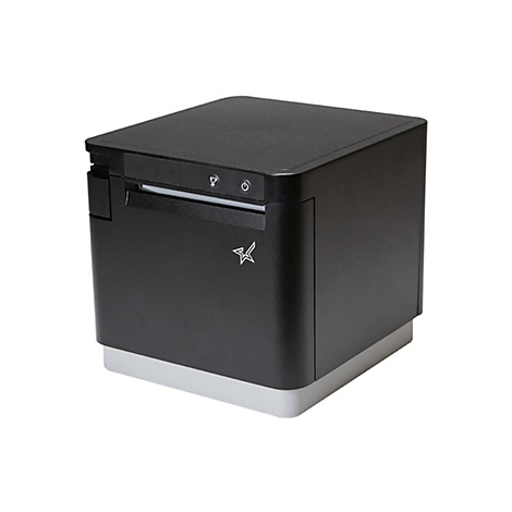 Schwarzer Würfeldrucker mit weißem Sockel. Oben Knöpfe und ein Logo. Ausgabeschlitz für Papier.
