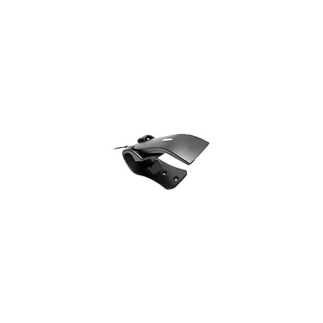 Souris d'ordinateur noire, de forme ergonomique, avec câble, sur fond blanc.