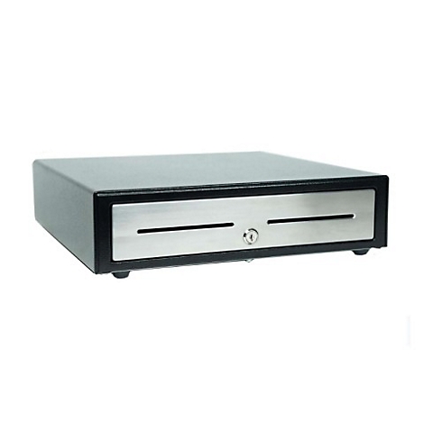 Kassenschublade in Schwarz, mit silberner Front und Schlüsselloch.