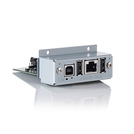 Grauer Adapter mit USB, Netzwerkanschluss und Text '10/100 BASE'.