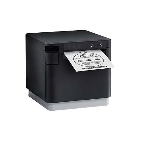 Imprimante noire avec reçu indiquant 'Joe's 10% de réduction'.