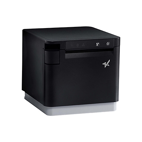 Imprimante thermique noire carrée, base grise, logo étoile blanche.