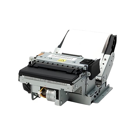 Ein offener Thermodrucker mit Papierrolle. Sichtbar sind Metall- und Kunststoffkomponenten. Ein gelbes Warndreieck ist zu sehen.