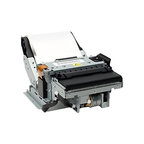 Detailaufnahme eines Thermodruckers, der Papier ausgibt. Metallische Teile, schwarze Abdeckung, Warnhinweis.