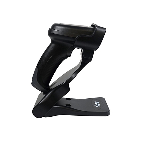 Schwarzer Barcode-Scanner mit Halterung. Der Griff weist Rillen auf, die Halterung hat die Aufschrift "star".