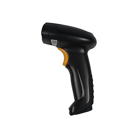 Schwarzer Barcode-Scanner mit gelbem Knopf, vor weißem Hintergrund. Der Scanner hat eine ergonomische Form.