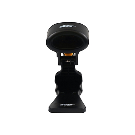 Schwarzer Barcode-Scanner mit Ständer und "stair"-Logo. Das Gerät steht aufrecht vor weißem Hintergrund.