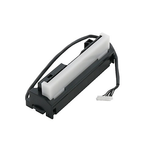 Detailaufnahme einer schwarzen und weißen Thermodruckerkomponente. Ein weißes Element ragt aus einem schwarzen Gehäuse heraus.