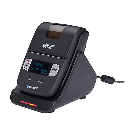 Schwarzer mobiler Drucker in Dockingstation, Display mit Text. "Printer Status: Online".