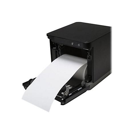 Schwarzer Drucker mit auslaufendem Papier. Die Papierrolle kommt aus dem Gerät.