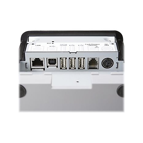 Nahaufnahme der Rückseite eines Kassensystems mit Anschlüssen für LAN, USB, iPad, etc..