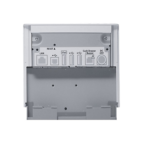 Rückseite eines Druckers mit Anschlüssen für LAN, iPad, USB, Kassenlade/Summer und 24V DC.