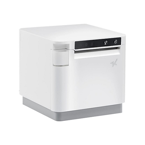 Weißer Thermodrucker, auf grauem Sockel. Bedienfeld mit Tasten, darunter Logo.