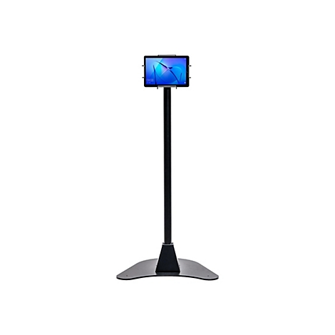 Ein schwarzer Tablet-Ständer mit einem Tablet vor weißem Hintergrund. Das Tablet zeigt einen blauen Bildschirm mit der Uhrzeit 08:08 an.