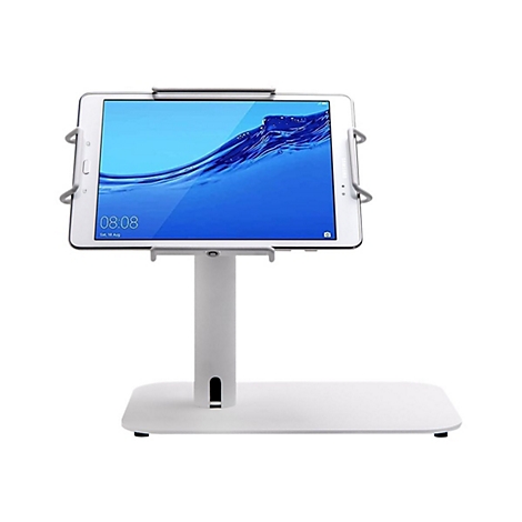 Tablet auf einem weißen Standfuß, Bildschirm zeigt Uhrzeit und Datum. Hintergrund ist weiß.