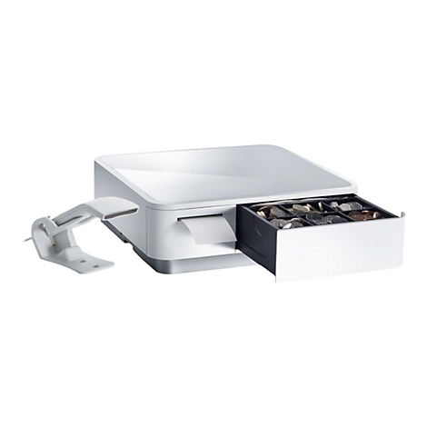 Eine weiße Registrierkasse mit offenem Schubfach. Münzen und ein Barcode-Scanner sind sichtbar.