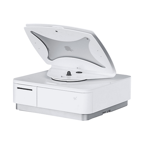 Weißes Gerät, in dem ein iPad positioniert werden kann. Das Gerät ist vor weißem Hintergrund abgebildet.