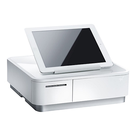 Ein weißes Kassensystem mit einem Tablet in einem Ständer. Auf der Vorderseite sind Schubladen und ein Kartenschlitz zu sehen.