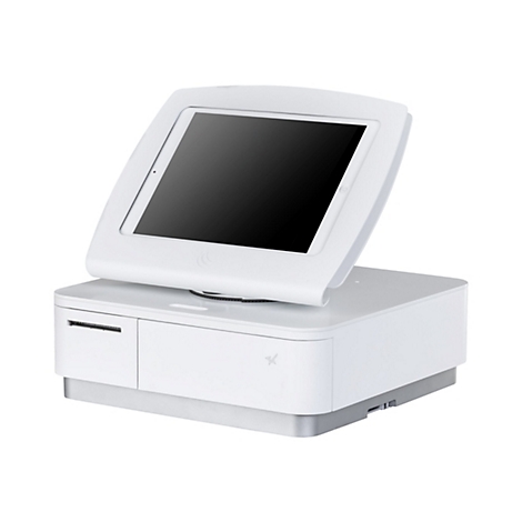 Ein weißes Kassensystem mit einem schwarzen Tablet-Bildschirm. Das Tablet ist geneigt und auf einem weißen Gehäuse montiert, das eine Schublade und ein Logo hat.