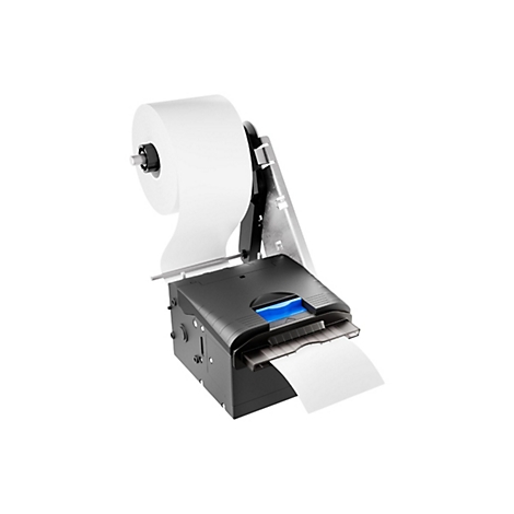 Schwarz-weißer Thermo-Bondrucker mit Papierrolle, Papier wird ausgegeben. Auf weißem Hintergrund.