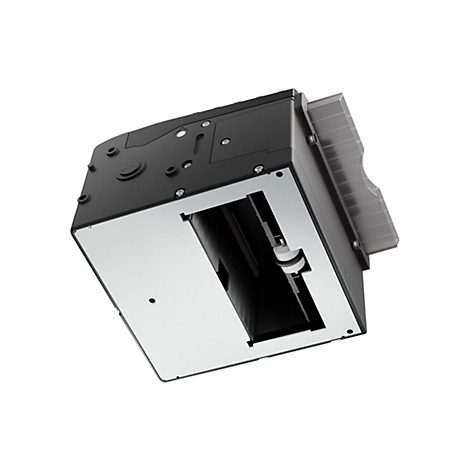 Schwarzes Gerät mit offenem Fach, Papierausgabe und silberner Innenseite. Perspektivische Ansicht vor weißem Hintergrund.