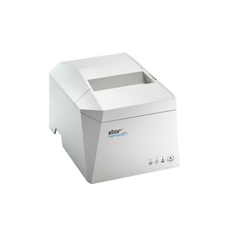 Ein weißer Drucker steht auf hellem Hintergrund. Er hat ein eckiges Design und die Aufschrift "star TSP100".