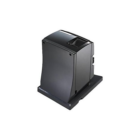 Appareil électronique noir sur base rectangulaire, vue de dessus. Forme rectangulaire, coins arrondis, détails.