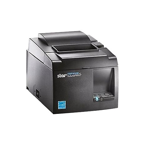 Imprimante de reçus noire avec le texte "star TSP100III futurePRNT".