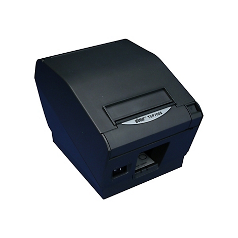 Schwarzer Drucker, Star TSP700II, vor weißem Hintergrund. Oberhalb ein Papierschacht, darunter ein Bedienfeld.