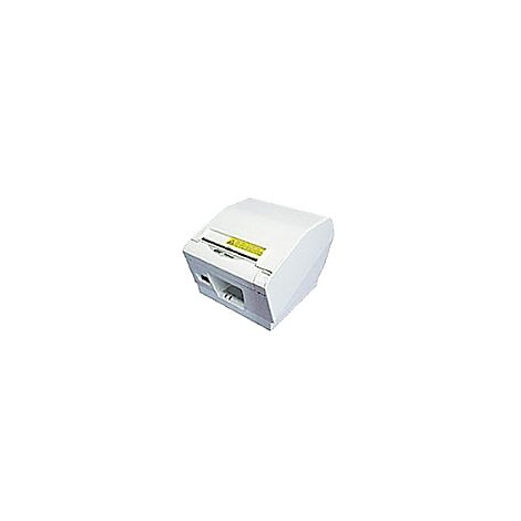 WeiÃŸer, kompakter Thermodrucker mit gelbem Warnhinweis.