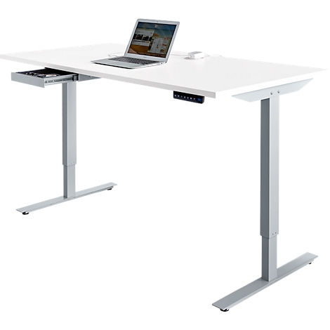 White height-adjustable desk with laptop. One drawer open. Black control panel and silver legs.