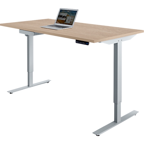 Bright, height-adjustable desk with laptop. Controls on the right, gray legs.