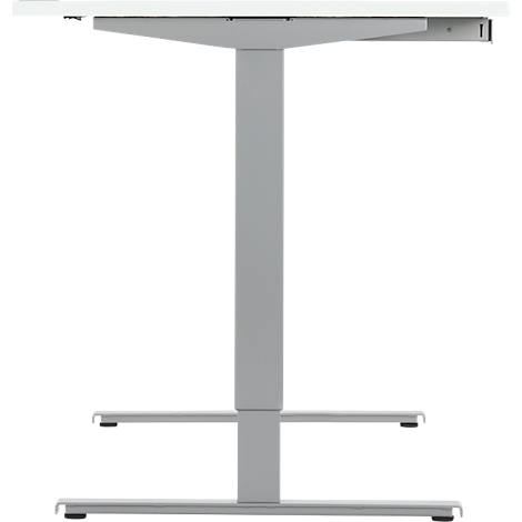 Height-adjustable desk, white with gray frame, isolated on a white background.