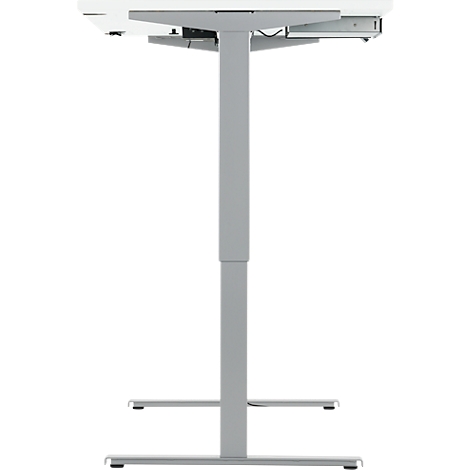 Grey standing desk with a white tabletop. The desk is height-adjustable and has a modern design.