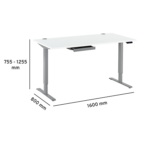 White height-adjustable desk with gray legs. Dimensions: 1600 x 800 mm, height adjustable from 755 to 1255 mm.