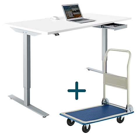 Ein weißer, höhenverstellbarer Schreibtisch mit Laptop und Schublade, daneben ein Transportwagen. Eine blaue Plus-Grafik zeigt die Kombination.