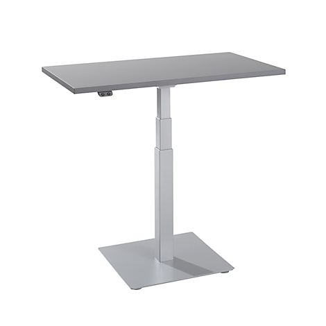 Grey height-adjustable desk, rectangular tabletop, square base.