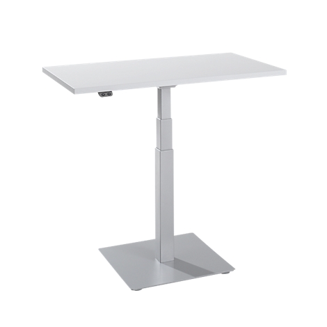 A height-adjustable white standing desk against a white background.