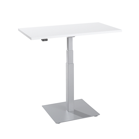 A white, height-adjustable desk with a rectangular tabletop and a silver frame against a white background.