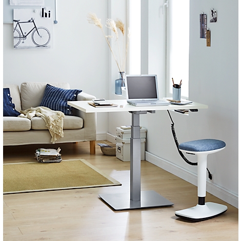 Standing desk in a bright living room. Laptop, chair, and standing desk. On canvas: bicycle, “hi”.