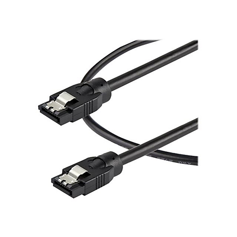 Zwei schwarze SATA-Datenkabel mit Metallverriegelung an den Steckern vor weißem Hintergrund.