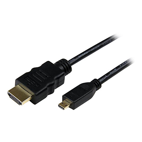Schwarzes HDMI-Kabel mit Stecker an beiden Enden. Einer ist normal, der andere ist kleiner.
