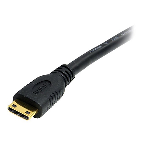 Schwarzes HDMI-Kabel mit vergoldetem Stecker, liegt diagonal vor weißem Hintergrund. HDMI-Logo und Schriftzug.