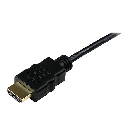 Nahaufnahme eines schwarzen HDMI-Kabels. Der Stecker ist goldfarben, das Kabel trägt die Aufschrift "HIGH SPEED HDMI CABLE".