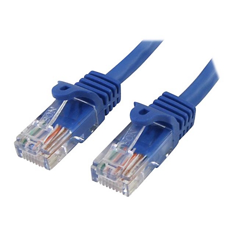 Zwei blaue RJ45-Stecker mit durchsichtigen Anschlüssen und farbigen Kabeln.