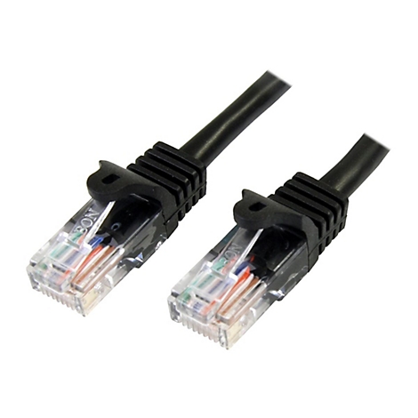 Zwei schwarze Netzwerkkabel mit transparenten Steckern. Die Kabel sind auf weißem Hintergrund dargestellt.