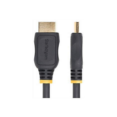 Ein schwarzes HDMI-Kabel mit goldenen Steckern. Auf einem der schwarzen Teile steht Startech.com. Beide Enden sind sichtbar.